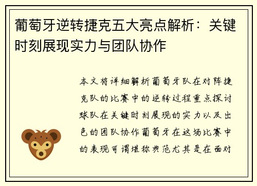 葡萄牙逆转捷克五大亮点解析：关键时刻展现实力与团队协作